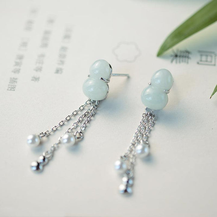 S925 Sterling Silver Natural Jade Gourd Fulu Tassel Temperament All-match Lady Long Earrings - Super Amazing Store