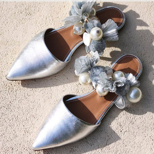 Pearl Pointed Toe Shiny Flat Women Sandals - Super Amazing Store