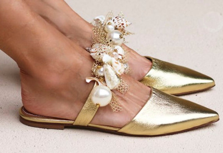 Pearl Pointed Toe Shiny Flat Women Sandals - Super Amazing Store