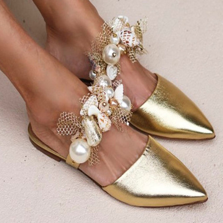 Pearl Pointed Toe Shiny Flat Women Sandals - Super Amazing Store