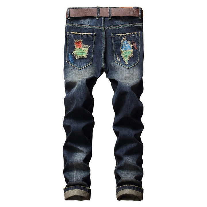 Personalized Brushed Jeans Men's Ripped Straight-leg Jeans-Super Amazing Store