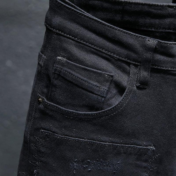 Spring And Summer New Jeans Pure Black Ripped Stretch Jeans Men Black Jeans Men - Super Amazing Store