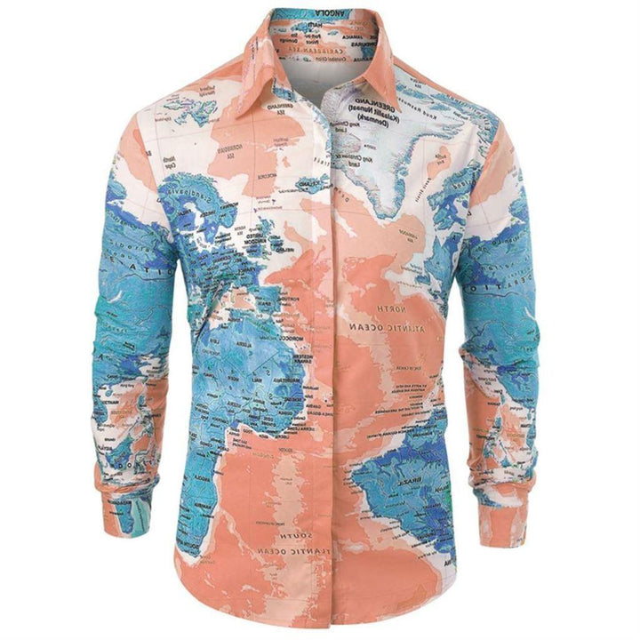 Men Shirt World Map Print HiddenG Button Slim Fit Shirts - Super Amazing Store