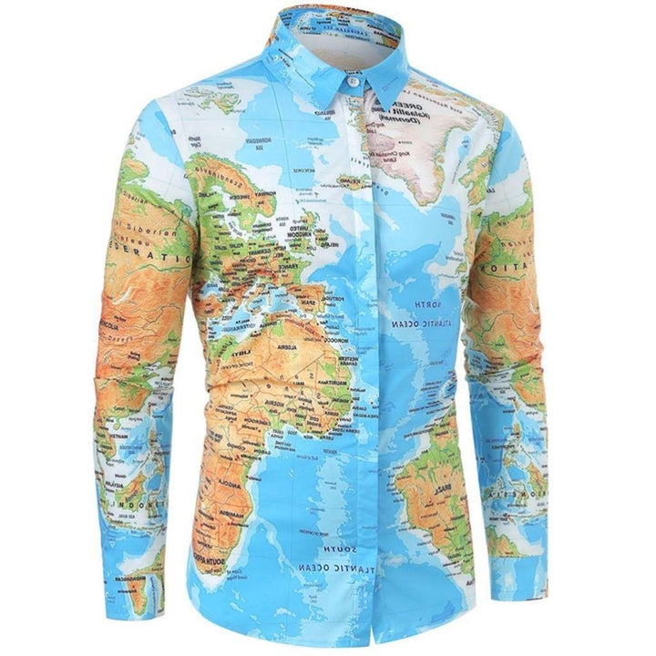 Men Shirt World Map Print HiddenG Button Slim Fit Shirts - Super Amazing Store