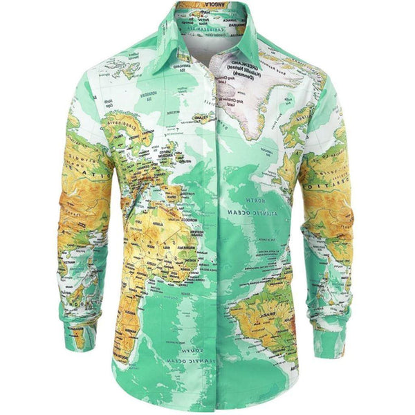 Men Shirt World Map Print HiddenG Button Slim Fit Shirts - Super Amazing Store