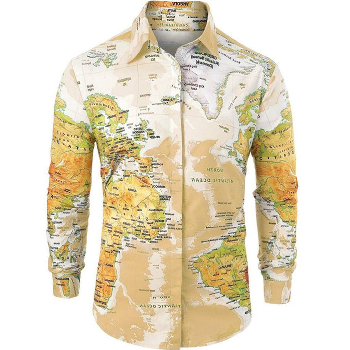 Men Shirt World Map Print HiddenG Button Slim Fit Shirts - Super Amazing Store