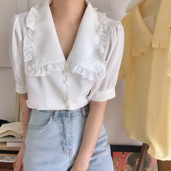 White Chiffon Blouse Ruffled Slim Women - Super Amazing Store