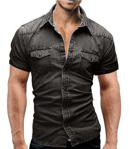 Men Denim Short-sleeved Slim Shirt Shirt Super Amazing Store