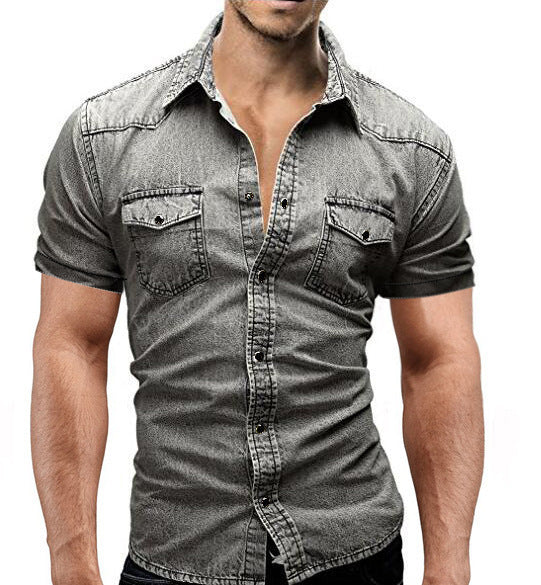 Men Denim Short-sleeved Slim Shirt Shirt Super Amazing Store