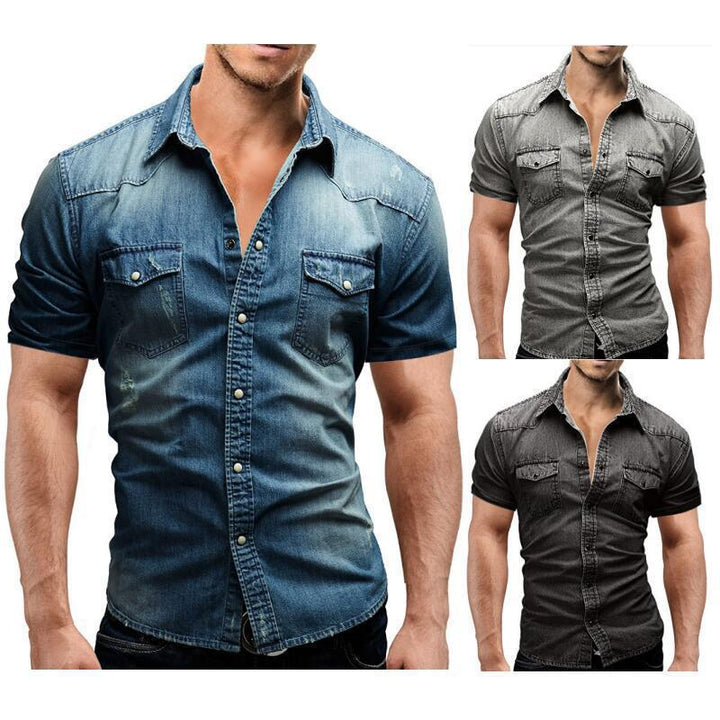 Men Denim Short-sleeved Slim Shirt Shirt Super Amazing Store