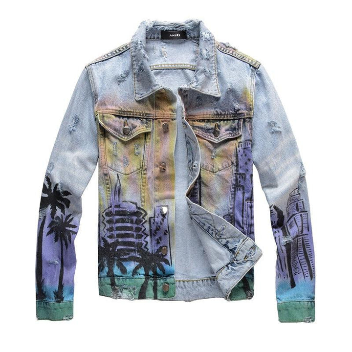 Graffiti Digital Print Slim Jacket Men Trendy Punk Denim Jacket - Super Amazing Store