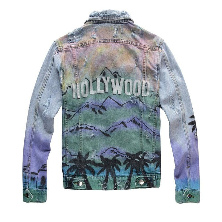 Graffiti Digital Print Slim Jacket Men Trendy Punk Denim Jacket - Super Amazing Store