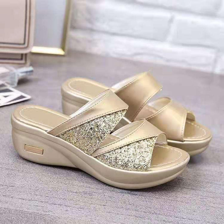 Wedge Heel Sequined Slippers, Medium Heel Large Size Women's Fish Mouth Sandals And Slippers - Super Amazing Store