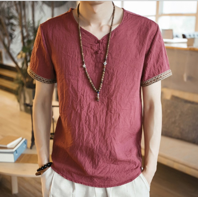 Chinese style embroidery buckle short sleeves Thin section linen casual large size short sleeve men's cotton and linen T-shirt - Super Amazing Store