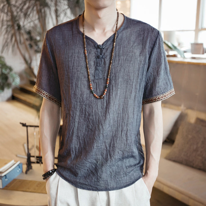 Chinese style embroidery buckle short sleeves Thin section linen casual large size short sleeve men's cotton and linen T-shirt - Super Amazing Store