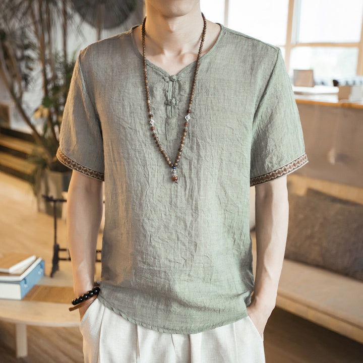 Chinese style embroidery buckle short sleeves Thin section linen casual large size short sleeve men's cotton and linen T-shirt - Super Amazing Store