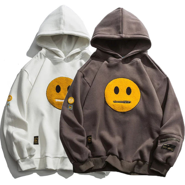 Zipper Pocket Smile Face Patchwork Fleece Hoodie Sweatshirt Streetwear Men's Hip-Hop Casual Hooded Top - Super Amazing Store