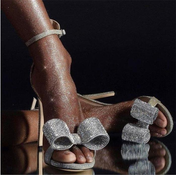 Summer Rhinestone Sandals Silvery Butterfly-knot Women Fashion High Heels Ankle Buckles Ladies Sandals Party Shoes Super Amazing Store