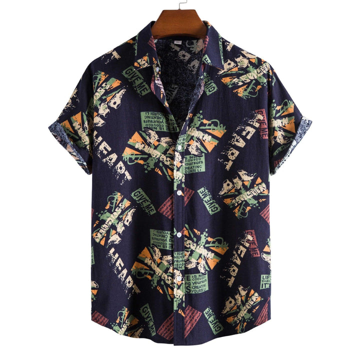 Vintage Letter Print Turn-down Collar Shirts Men Casual Short Sleeve Tops Summer Mens Button Loose Shirt Fashion Streetwear - Super Amazing Store