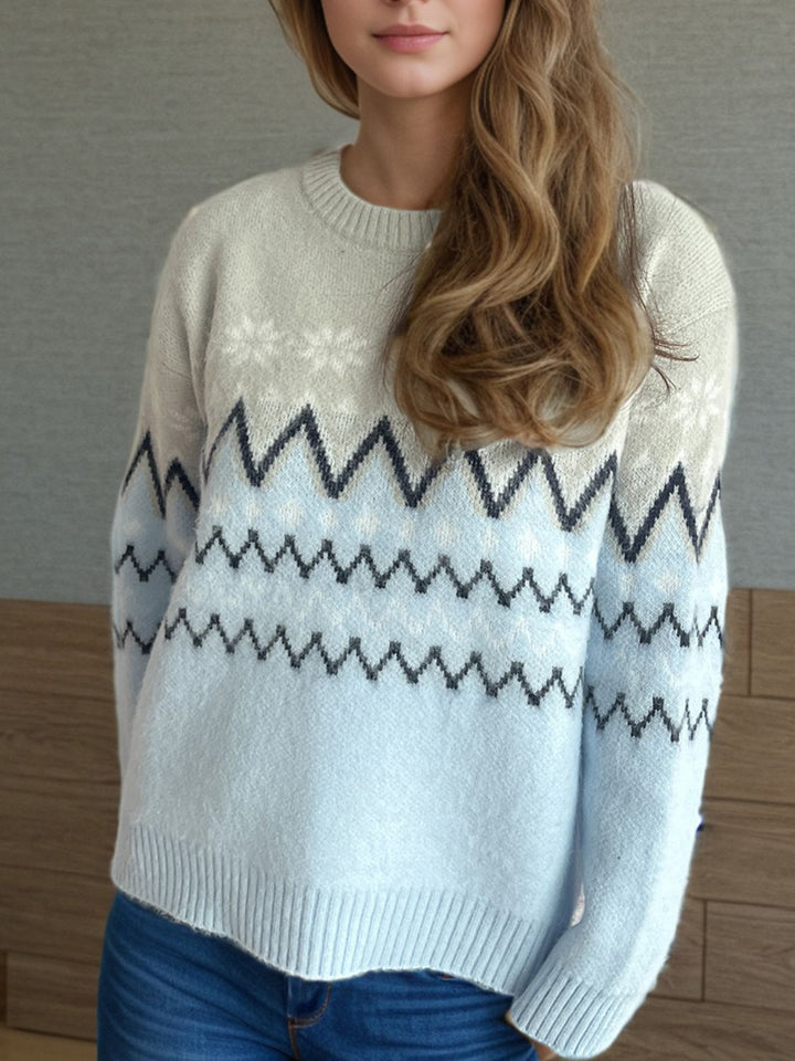 Chevron Contrast Round Neck Long Sleeve Sweater Trendsi