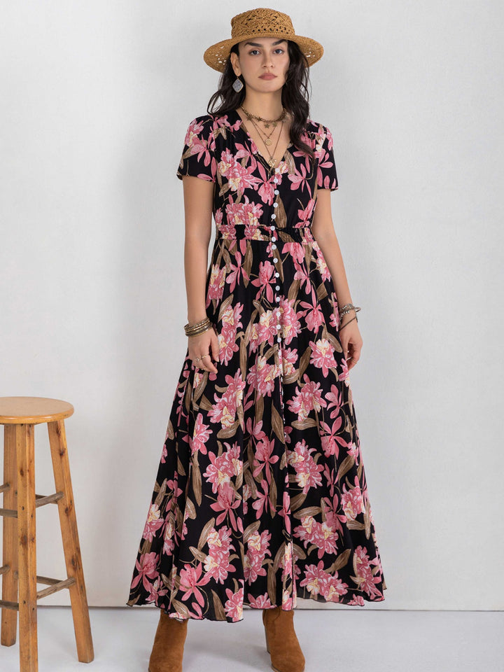 Floral V-Neck Slit Dress Trendsi