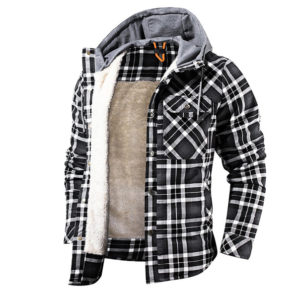 Men Warm Jacket Fleece Lining Lumberjack Plaid Hooded Jackets Snap Button - Super Amazing Store