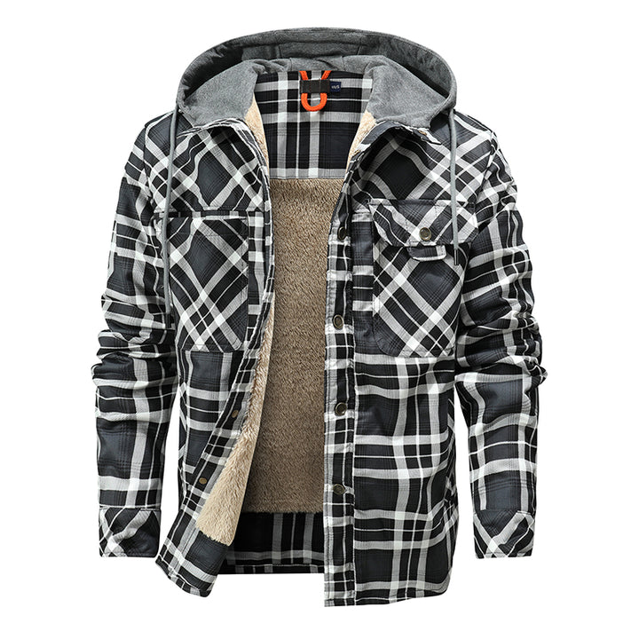 Men Warm Jacket Fleece Lining Lumberjack Plaid Hooded Jackets Snap Button - Super Amazing Store