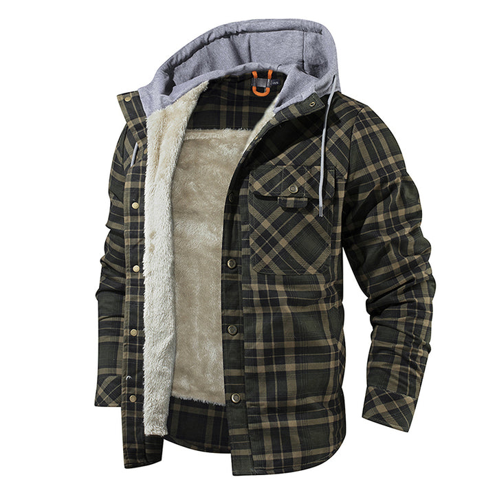 Men Warm Jacket Fleece Lining Lumberjack Plaid Hooded Jackets Snap Button - Super Amazing Store