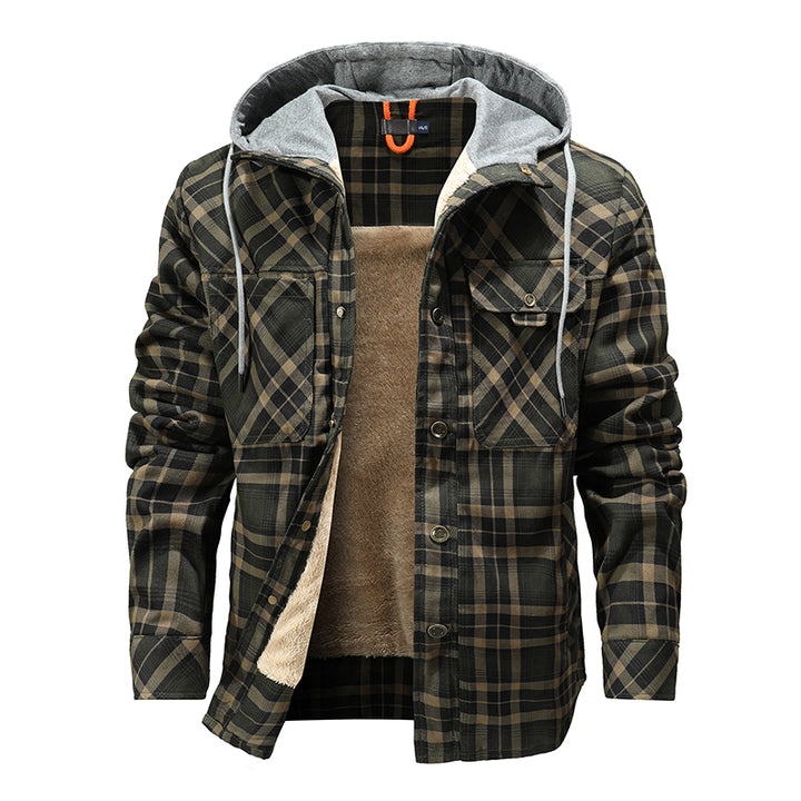 Men Warm Jacket Fleece Lining Lumberjack Plaid Hooded Jackets Snap Button - Super Amazing Store