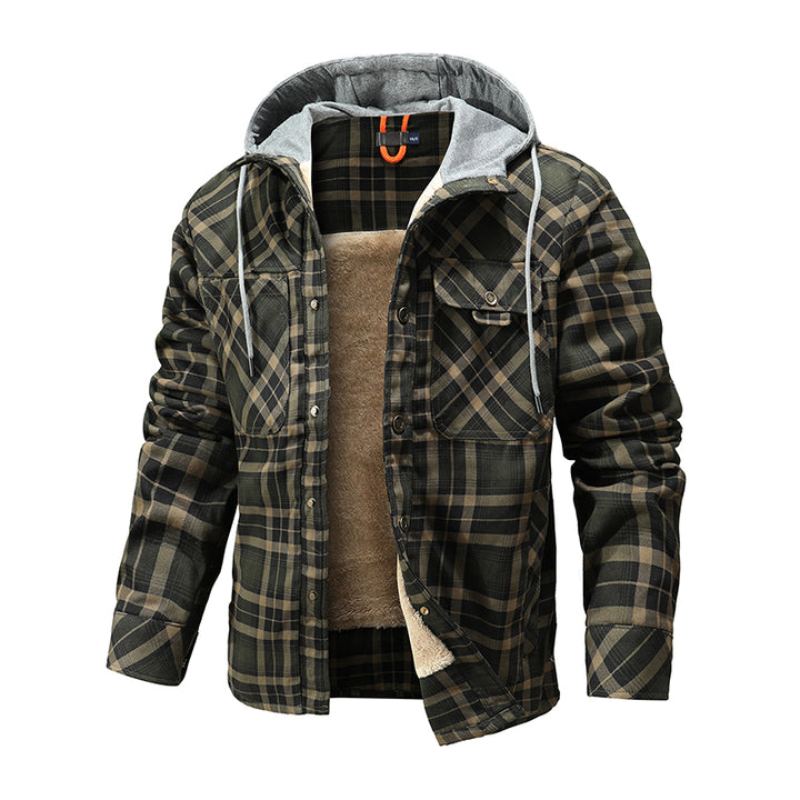 Men Warm Jacket Fleece Lining Lumberjack Plaid Hooded Jackets Snap Button - Super Amazing Store