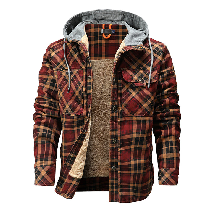 Men Warm Jacket Fleece Lining Lumberjack Plaid Hooded Jackets Snap Button - Super Amazing Store