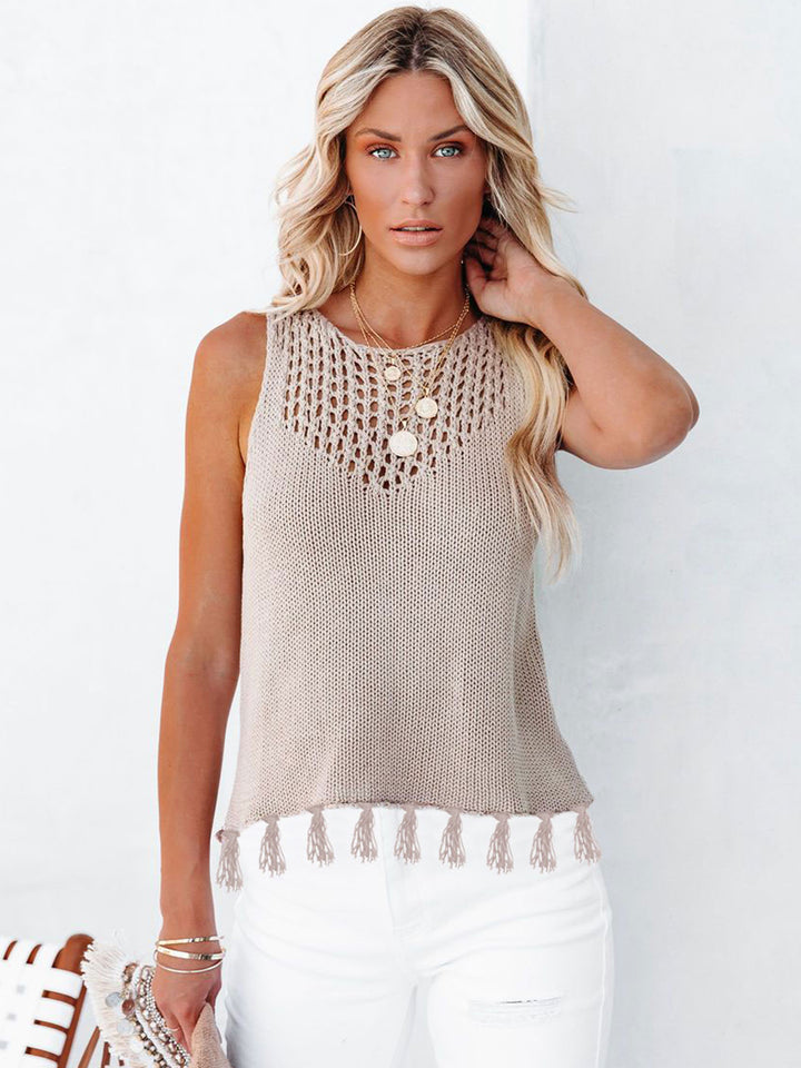 Cutout Tassel Round Neck Tank Trendsi