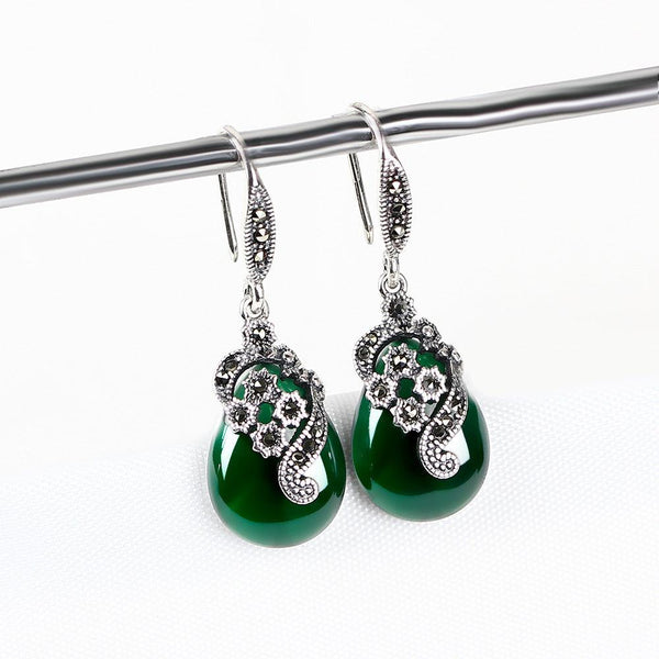 Vintage Thai Silver Earrings Female Green Agate - Super Amazing Store