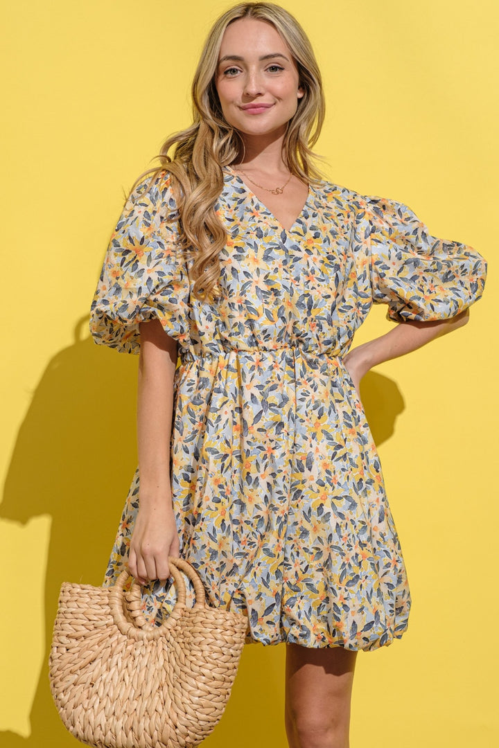 And The Why Full Size Floral Surplice Puff Sleeve Dress Trendsi