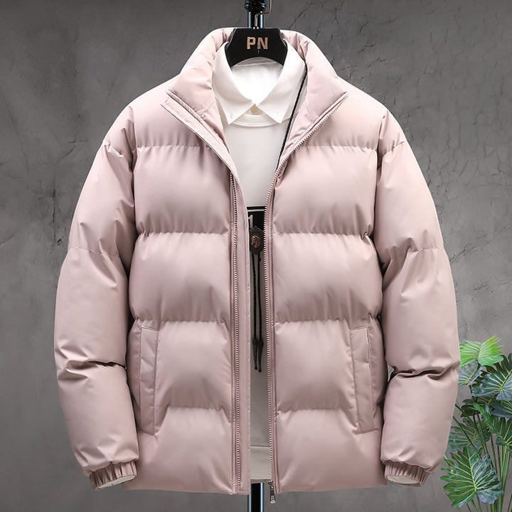 Winter Stand-collar Cotton Coat Couple Casual Warm Plus Velvet Thicken Solid Color Jacket Q2