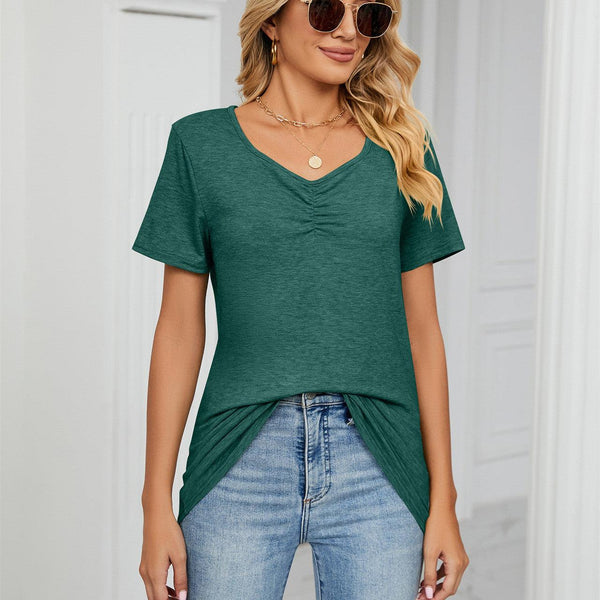 Women's Fashion V-neck Pleated Casual Solid Color Loose T-shirt - Super Amazing Store