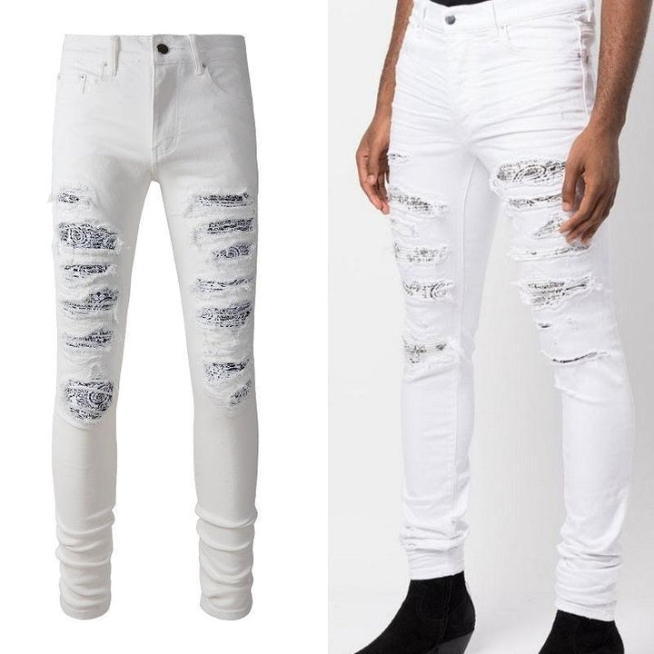 White Cashew Flower Patch Torn Jeans - Super Amazing Store