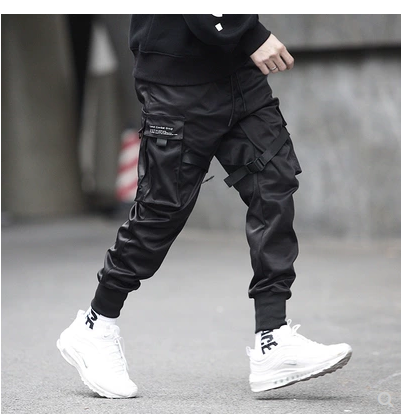 Men Black Hip Hop Cargo Pants Elastic Waist Jogger Trousers Sweatpants Pockets Full Length Casual Fashion-Super Amazing Store