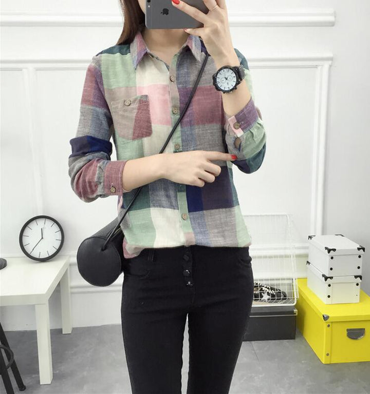 Casual Plaid Women Blouses Vintage Linen Cotton Long Female Shirts Tops - Super Amazing Store