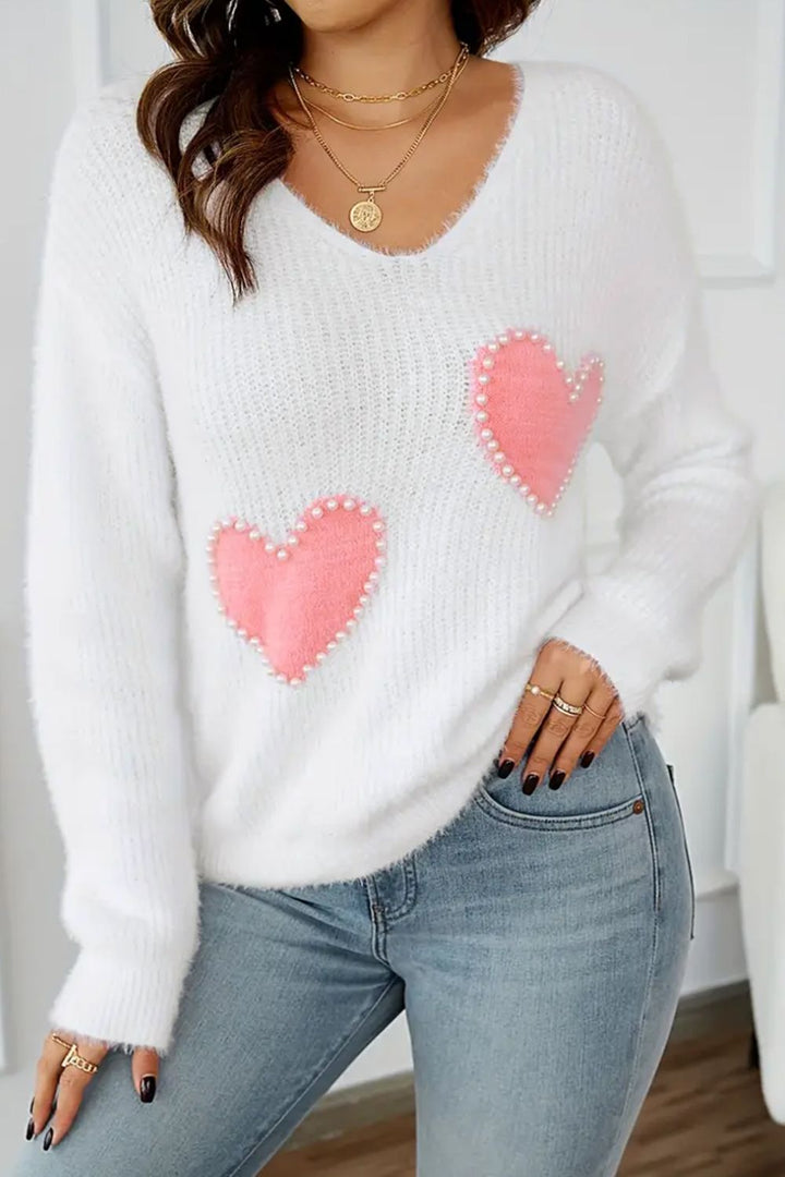 Heart V-Neck Long Sleeve Sweater Trendsi