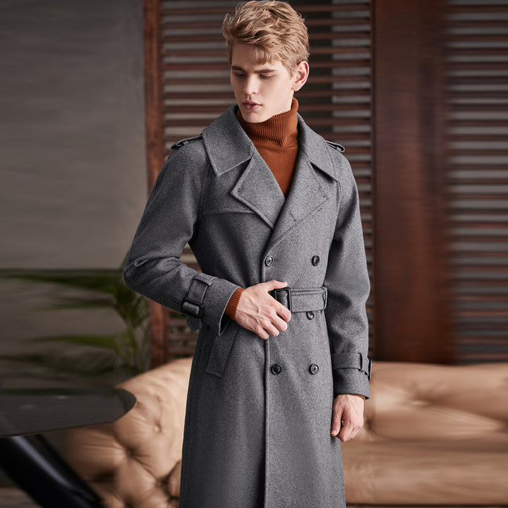 Men's Double Breasted Knee Length Woolen Coat Q2