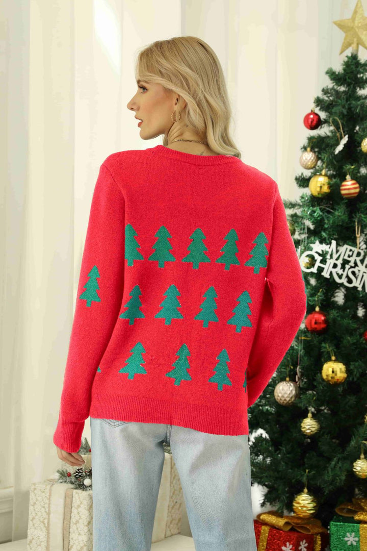 Christmas Tree Round Neck Ribbed Trim Sweater Trendsi