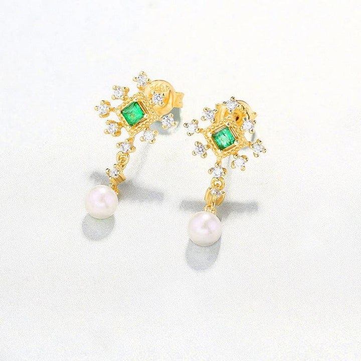 Light Luxury Niche Design Sterling Silver Pearl Earrings Emeralds - Super Amazing Store