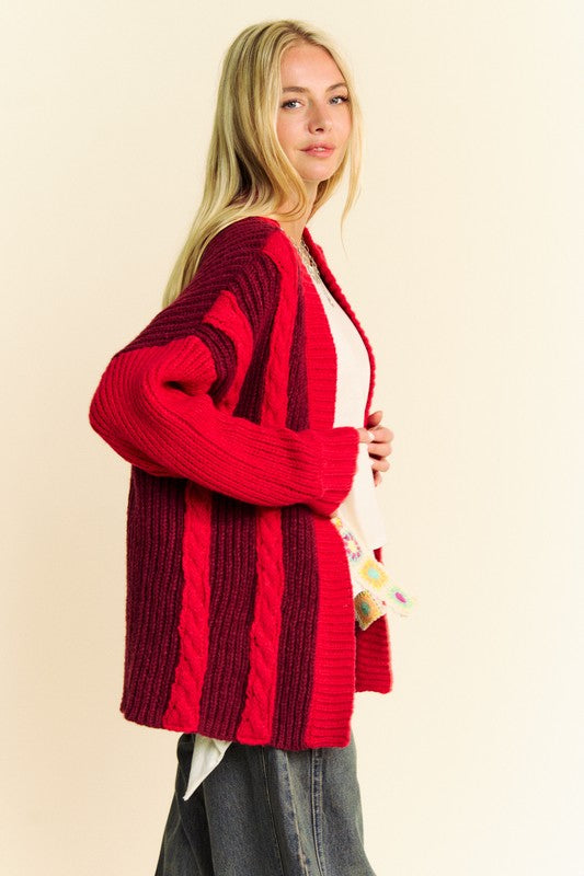 Davi & Dani Cable-Knit Color Block Open Front Cardigan Trendsi