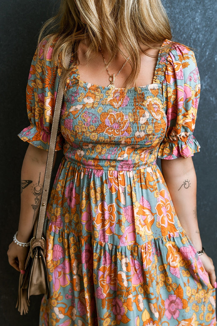 Smocked Printed Short Sleeve Dress Trendsi