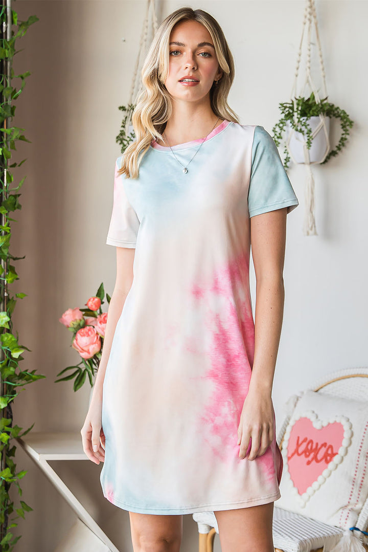 Tie-Dye Round Neck Short Sleeve Slit Dress Trendsi