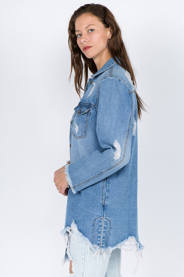 American Bazi Distressed Frayed Hem Denim Jacket Trendsi