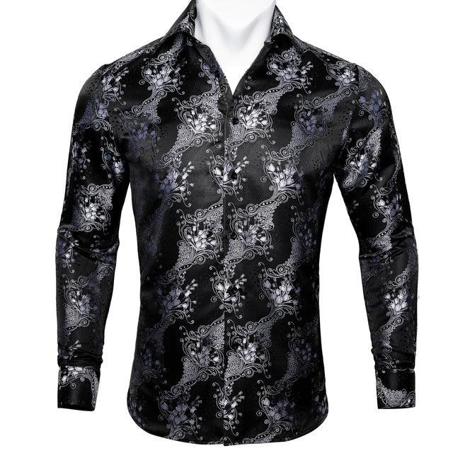 Barry.Wang Teal Paisley Floral Silk Shirts Men Autumn Long Sleeve Casual Flower Shirts For Men Designer Fit Dress Shirt BCY-05 - Super Amazing Store