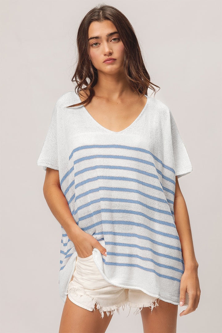 BiBi V Neck Striped Short Sleeve Top Trendsi