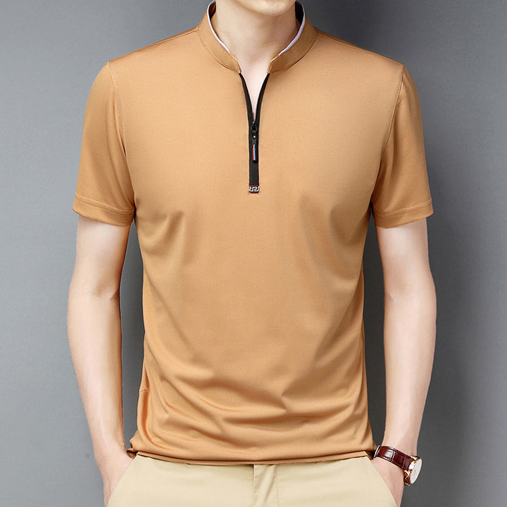 Summer Stand Collar Short Sleeve Men's Half Zipper Solid Color Trendy Casual Men's T-shirt Super Amazing Store